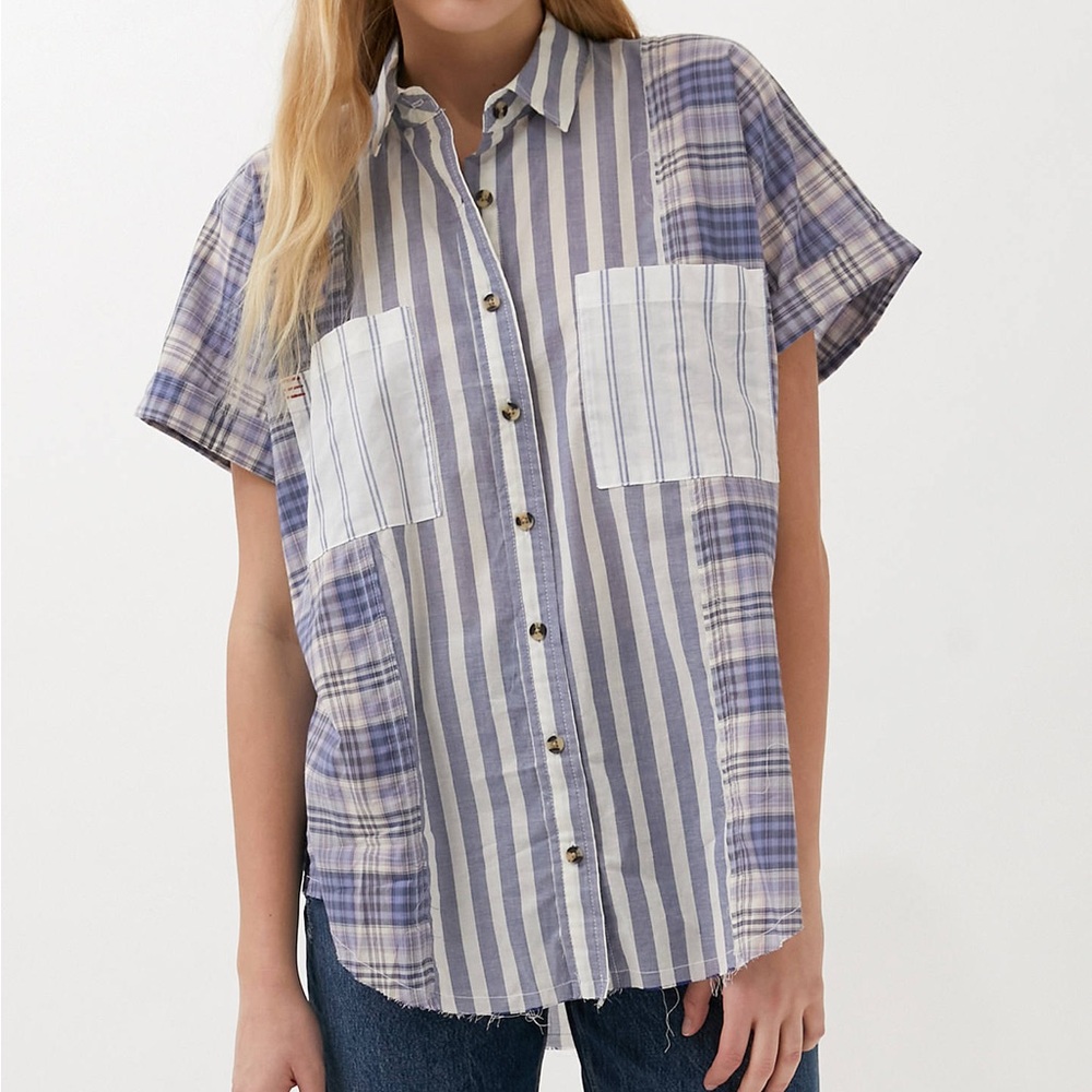 Urban Outfitters BDG Distressed Patchwork Button-Down Shirt Size Small
